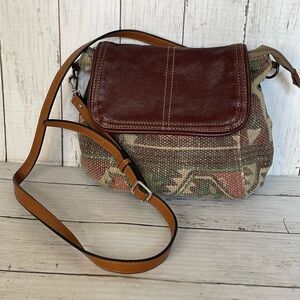 Myra Bag Leather and Canvas Southwestern Pattern Crossbody Bag